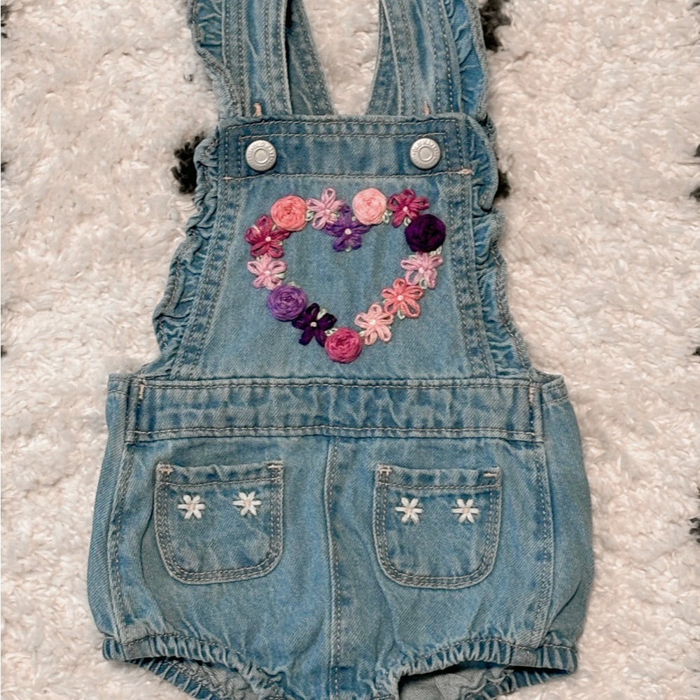 Denim Kids Shortalls with Hand-Embroidered Floral Heart Design
